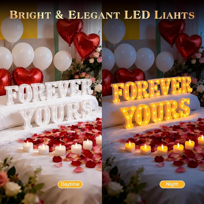 FOREVER YOURS Light up Letters, Include Tea Lights Candles, Latex Balloons, Aluminum Balloons and Rose Petals, Special Festival, Surprise Gifts for Women and Men