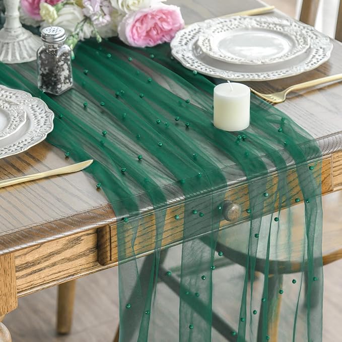 Artoid Mode 3PCS Pearl Dark Green Gauze Table Runner 120 Inch 10FT, Seasonal Sheer Dining Holiday Wedding Birthday Baby Shower Table Decor for Home Party