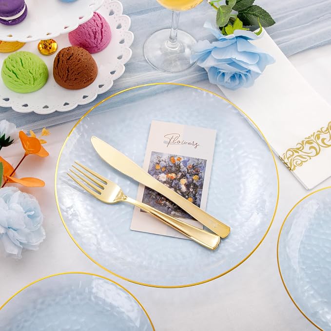 Rubtlamp 175 Pcs Plastic Dinnerware Set (25 Guests), Blue Disposable Plates With Gold Rim, Hammered Party Plates Set Include Dinner Platos, Dessert Platos, Cups, Cutlery And Napkins for Party