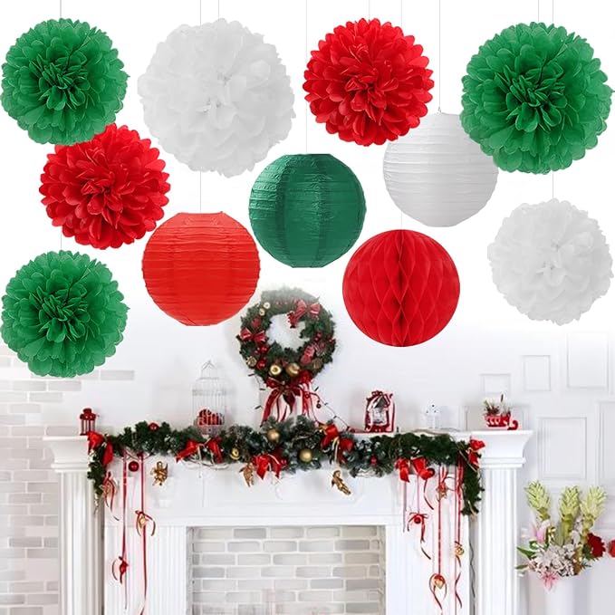 Red Green White Paper Flowers Tissue Pom Poms Honeycomb Lanterns 15pcs Christmas Party Decorations Mexican Italian Birthday Wedding Baby Shower Bachelorette Hanging Supplies Mprocherify