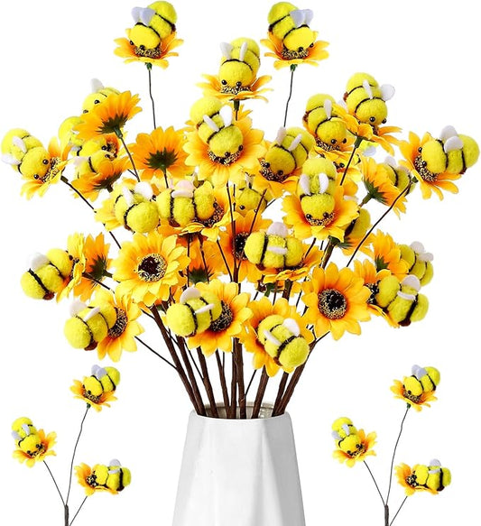 Suncalla Felt Bee Stems Summer Bees Birthday Party Decorations Felt Honeybee Branches 9.45 in Decorative Picks for Tree Vase Filler Home Table Centerpiece Farmhouse Spring Party(Yellow Flower)