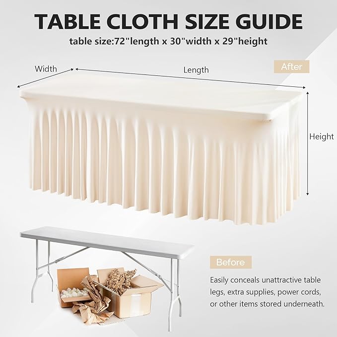 Wish Care 8 Pack Ivory Spandex Table Clothes for 6 Foot Rectangle Tables, 6FT Wrinkle Free Fitted Tablecloths Ruffles Design Table Cloth for Party, Banquet, Wedding and Events