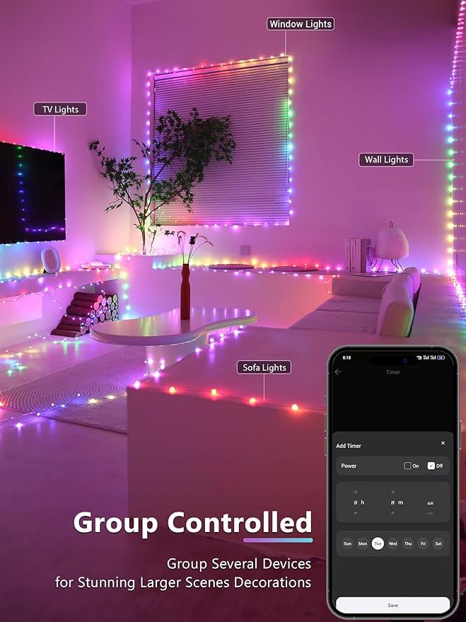 BrizLabs Smart Fairy Lights, 66ft 200 LED July 4th Lights Work with Alexa & Google Home, Patriotic Fairy Light Red White & Blue String Lighting Green Wire for 4th of July Christmas Halloween Party