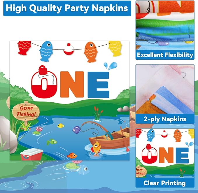 50 GuestsGone Fishing Plates and Napkins Party Supplies Ofishally One Birthday Party Decorations Disposable Tableware Set The Big One Dinnerware Favor for Kids Boys Girls, 200PCS