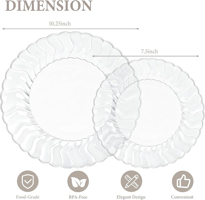 Lullaby 60PCS Clear Scalloped Plastic Plates, Disposable Elegant Party Plates Include 30pcs Dinner Plate 10.25", 30pcs Plastic Dessert Plate 7.5", Perfect for Wedding and Party