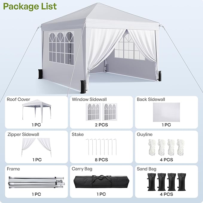 10x10 Pop Up Canopy with Sidewalls, Instant Portable Canopy Tent with Carry Bag for Commercial Events, Camping, Parties - White