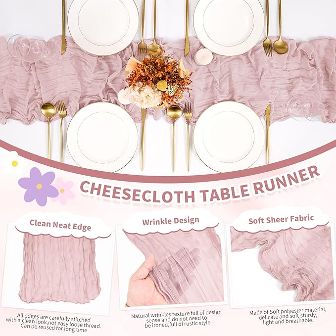6 Pack Dusty Pink Cheesecloth Table Runner, Long Romantic Semi Sheer Rustic Boho Gauze Table Runners for Wedding Bridal Shower Birthday Party Decorations(17.7×108 Inch)
