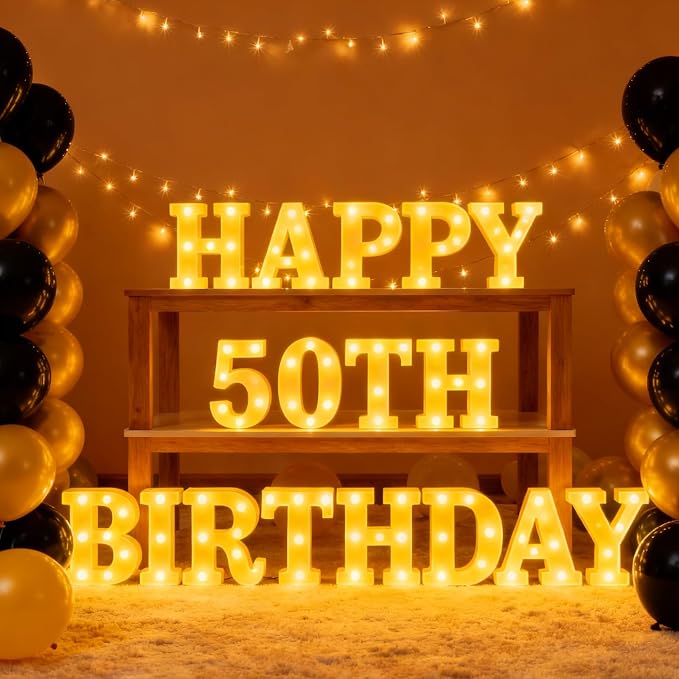 Honoson 17 Pcs 50th Birthday Party Decoration Happy 50th Birthday Light up Table Sign 6.42 Inch LED Neon Marquee Lights for Room Table Wall Decoration Party Supplies