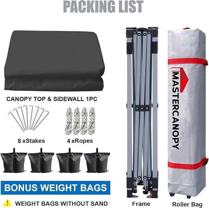 MASTERCANOPY 8x8 Pop Up Canopy Tent with 1 Sidewall, 1 Person Setup Instant Shelter, Outdoor Portable Beach Canopy, 1 Roller Bag, 4 Sandbags, 4 Ropes, 8 Stakes (8x8, Dark Grey)