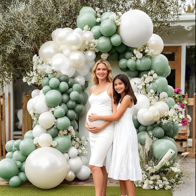 Sage Green White Balloon Garland Double Stuffed Dusty Green White Pearl Balloons Olive Pastel Balloon Arch Kit for Baby Shower Bridal Shower Birthday Easter Baptism Graduation Party Decorations