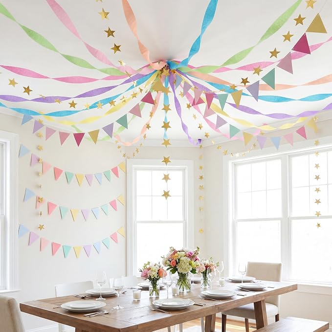 Frienda 14 Pcs Pastel Party Decorations Set 492 ft Colorful Crepe Paper Streamers, 52.8ft Gold Star Garlands Backdrop and 4 Pennant Banner Flags for Wedding Birthday Fancy Party Hanging Decorations