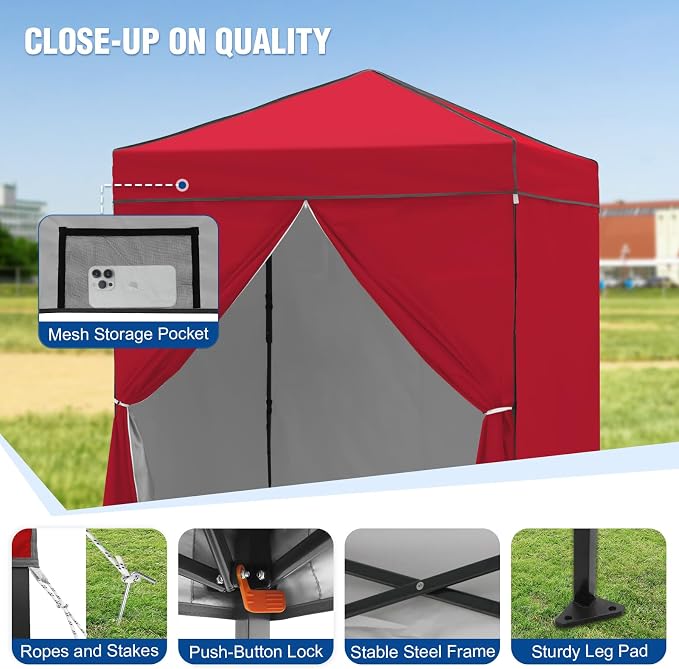 6x4 Pop Up Canopy Tent with Four Wall Panels, Instant Portable Beach Canopy, Outdoor Tent with Carry Bag for Camping, Sports, Tailgating, Events, Red