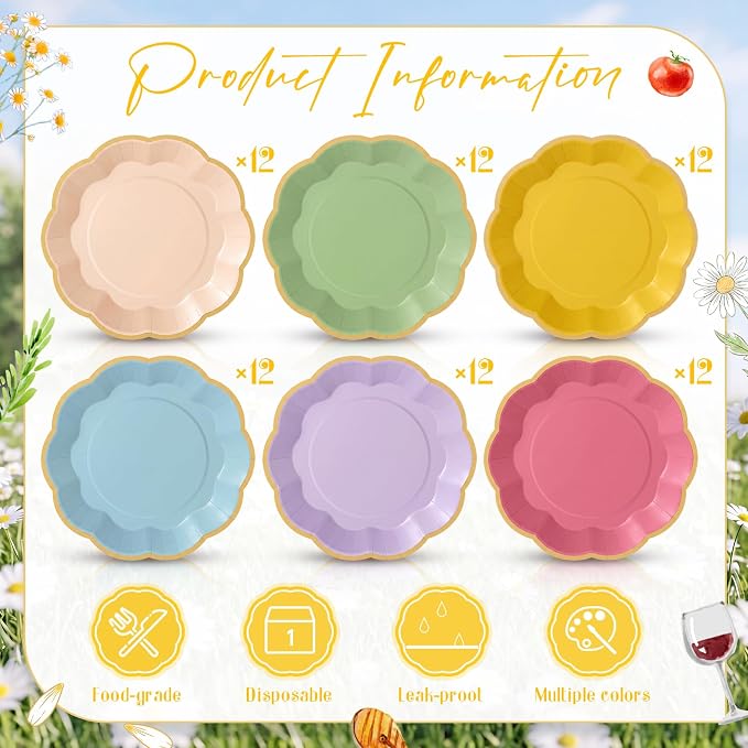 72 Pcs Daisy Flower Paper Plates Pink and Green Yellow Wildflower Colorful Scalloped Paper Disposable Plates for Dinner Dessert Baby Shower Spring Daisy Theme Birthday Party Decorations