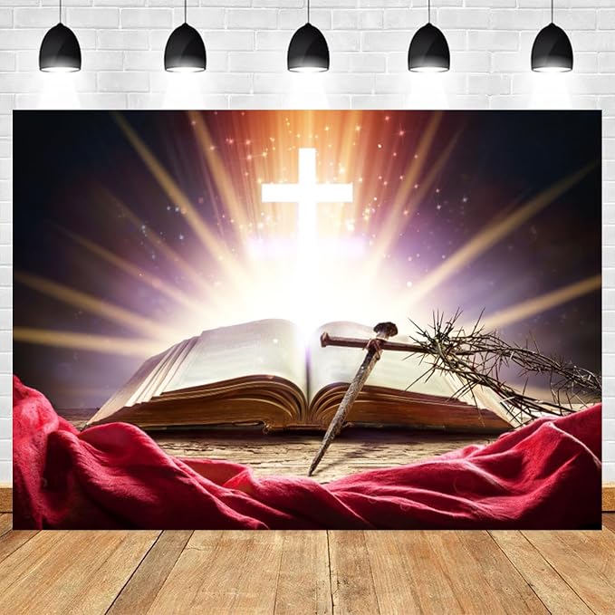 10x5ft Bible Crucifix Backdrop Christian Cross Photography Background Jesus Christ Crown of Thorns Opened Book Church Events Banner Decorations Easter Religious Portrait Photo Booth Prop