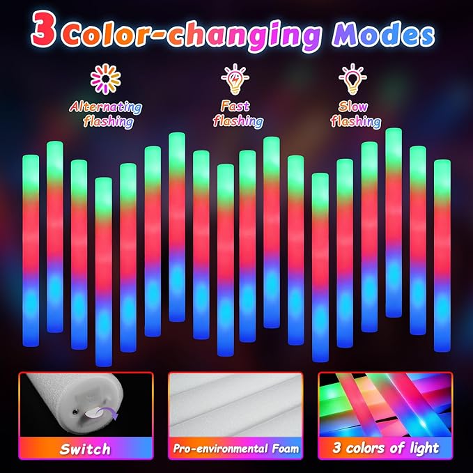 Wellent 72PCS LED Foam Sticks Bulk, Light Up Foam Sticks With 3 Modes of Color Flashing, Glow Sticks Party Pack, Light Up In The Dark Party Supplies for Wedding, Concert, New Year, Birthday, Christmas