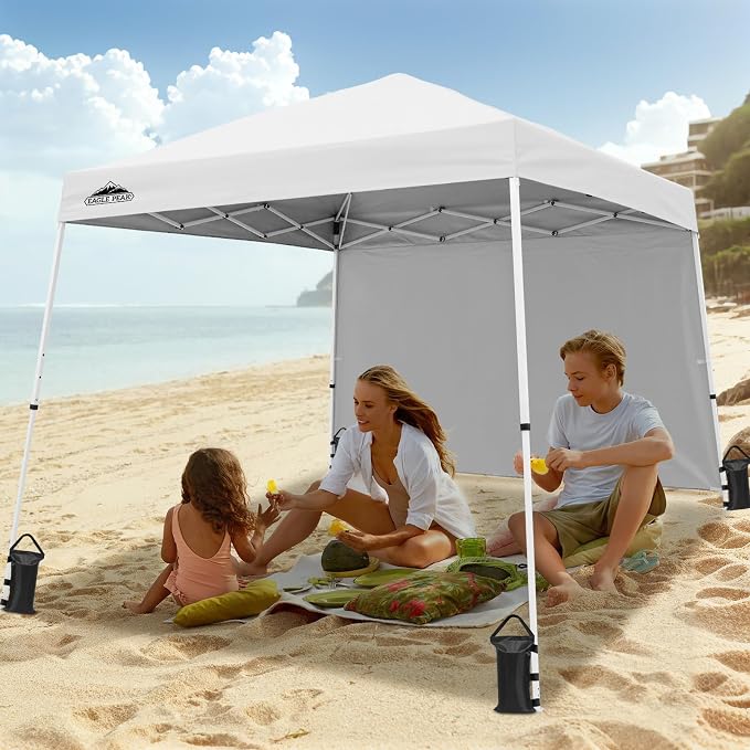 EAGLE PEAK 10x10 Pop Up Canopy Tent with Sidewall, Compact, Portable Slant Leg Instant Sun Shelter for Beach, Sports, & Camping, 10x10 Base 8x8 Top, White