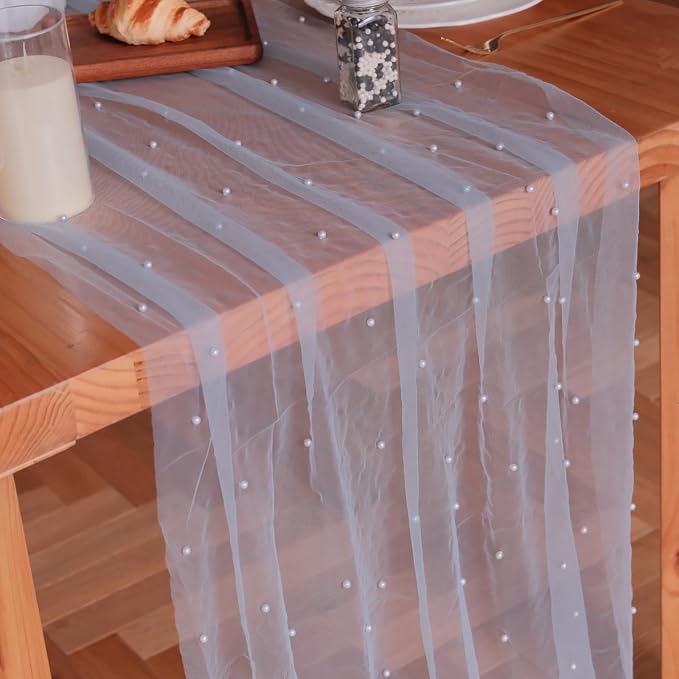Set Of 6 Pearl Table Runner 10ft, 29 X 120 Inch Light Blue Tulle Table Cover, Pearl Sheer Table Runner For Wedding Party Baby Shower Birthday Home Decor