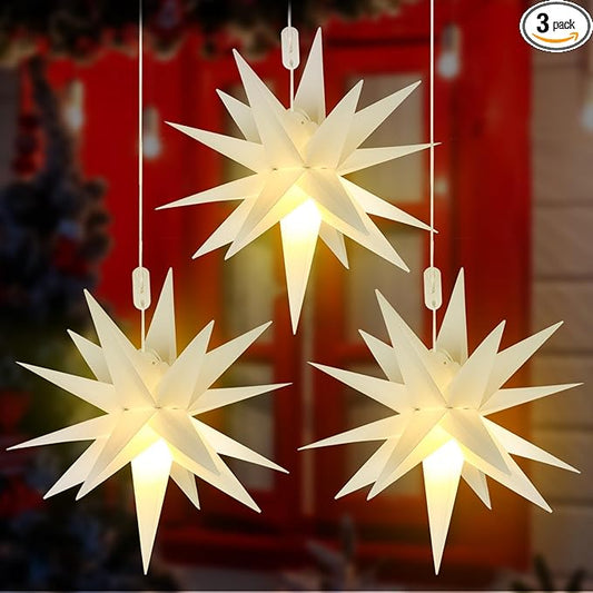 Kingdder 3 Pieces Moravian Star Light LED 3D Star Hanging Light Powered by Battery with Timer Function White Porch Lantern Holiday Decor for Indoor Outdoor Christmas Tree Balcony Courtyard (14 Inch)