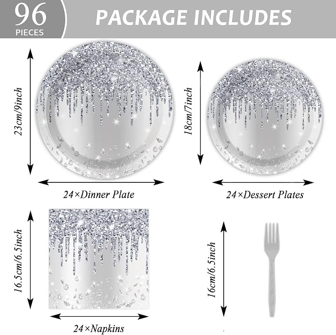 96 Pieces Silver Glitter Party Tableware Set for Denim and Diamonds Party Decorations Silver Plates and Napkins Forks Glitter Diamonds Theme Birthday Table Decorations for 24 Guests Parties Supplies