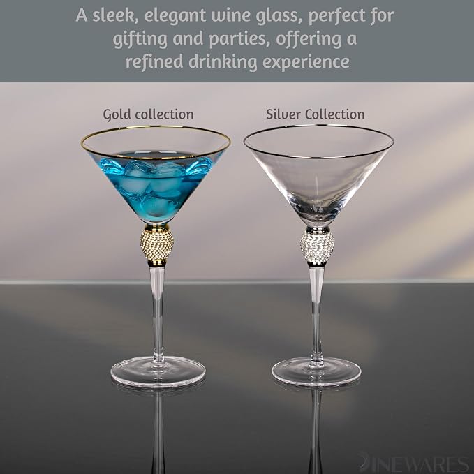 2 Piece Premium Clear Stem Crystal Martini Glasses with Gold Rim and Diamond-like Rhinestones, Elegant 10oz Glassware Set for Cosmopolitan, Vodka, Gin and Other Cocktails, Fancy Manhattan Drinkware
