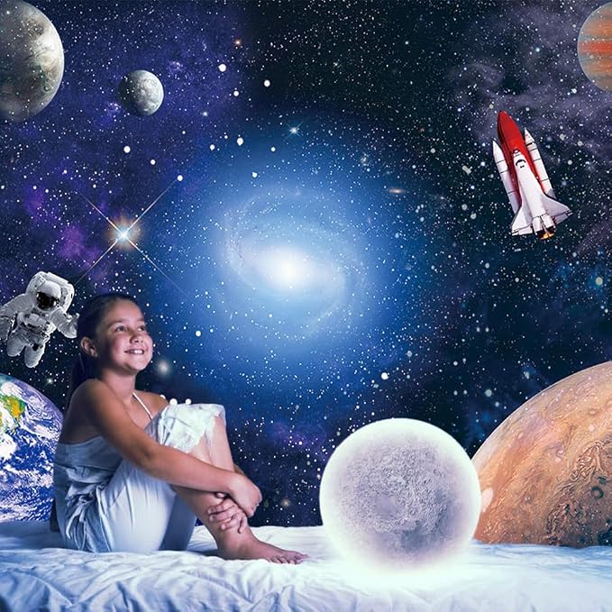 CGXINS Polyester 9x6ft Outer Space Astronaut Themed Baby Kids Childern Birthday Party Photography Backdrop Baby Shower Universe Galaxy Stars Newborn Photo Background Outer Space Blue Party Backdrop