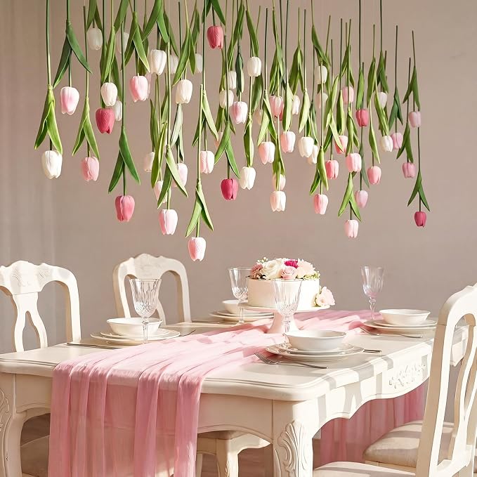 24 Pack 6 ft Artificial Tulips Hanging Flower Garland Decorations Spring Tulip from Ceiling Dangling Valentines Faux Floral Vine Strings with Hook for Wall Ceiling Wedding Party (Multicolor)