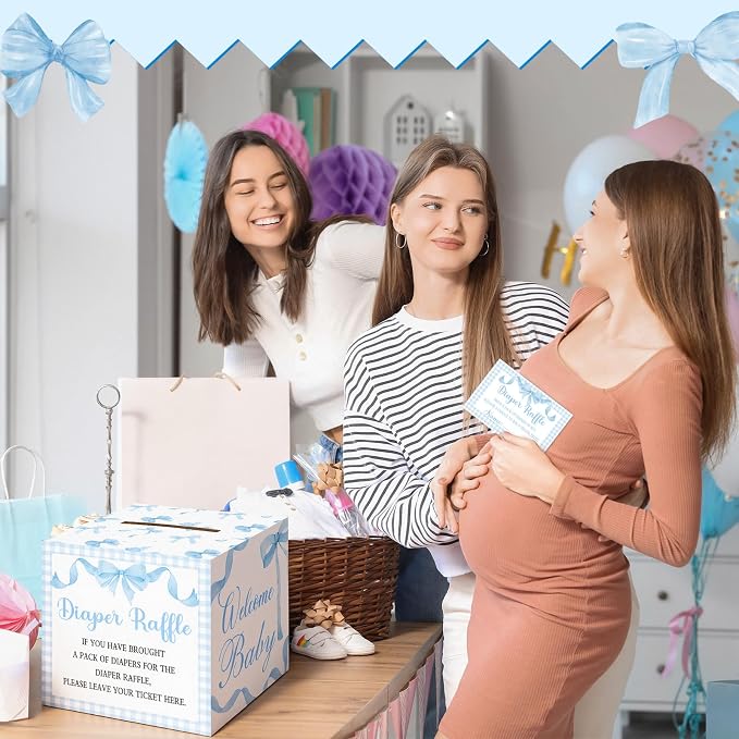 Teling 51 Pieces Diaper Raffle Tickets with Card Box Baby Shower Decorations Gender Reveal Holder Box for Girl Boy Diaper Raffle Party (Blue Bow)