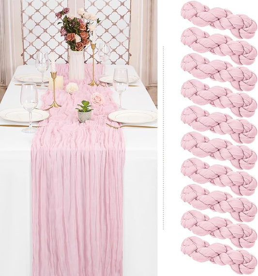 Showgeous 10 Pack Pink Cheesecloth Table Runner, 10FT Long Semi-Sheer Boho or Rustic Gauze Table Runner Wedding Table Decor for Wedding Arch Draping Bridal Shower Holiday Party