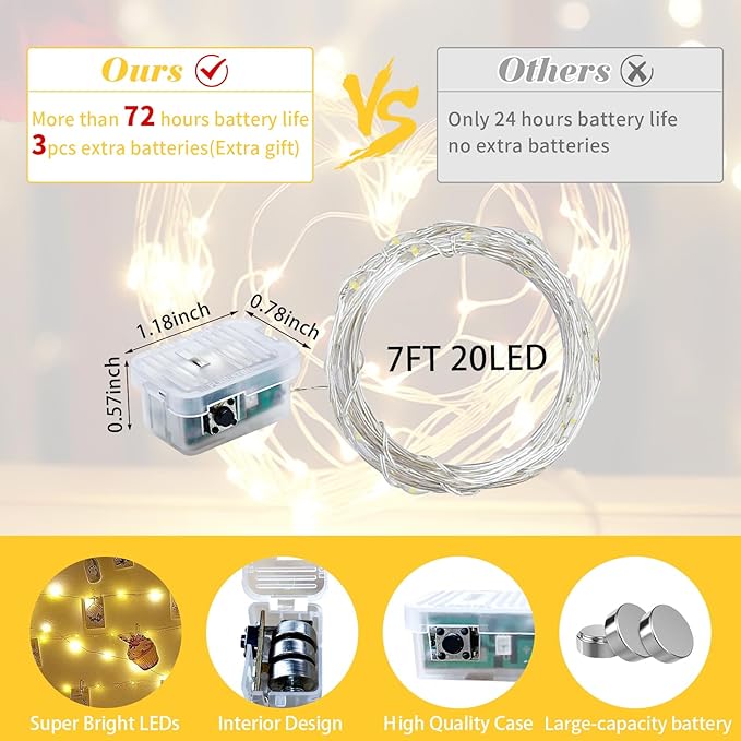 50 Pack Yellow Fairy Lights 7Ft 20 LED Twinkle String Lights 3 Modes Battery Operated Waterproof Firefly Starry for Mason Jar Party Wedding Christmas Thanksgiving Day Table Centerpieces