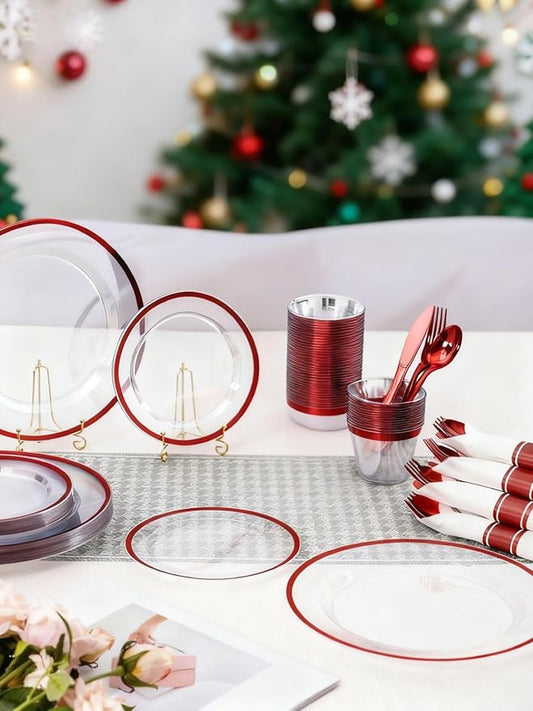 BESTVIP 350PCS Disposable Clear Red Dinnerware Sets for 50 Guests, Plastic Plates for Party, 100 Plastic Plates, 50 Cups, 50 Pre-Rolled Napkins with Cutlery for Parties, Christmas, Wedding