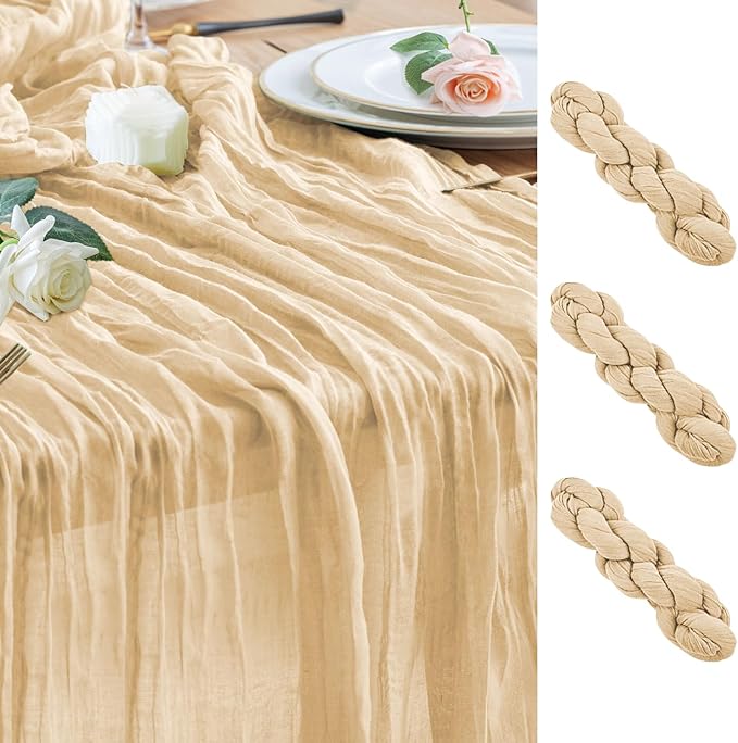 Wokceer Cheesecloth Table Runner 3Pack 10FT Sand Christmas Boho Gauze Cheese Cloth Table Runner for Party Easter Rustic Sheer Table Runners for Baby Bridal Shower Wedding Table Decor