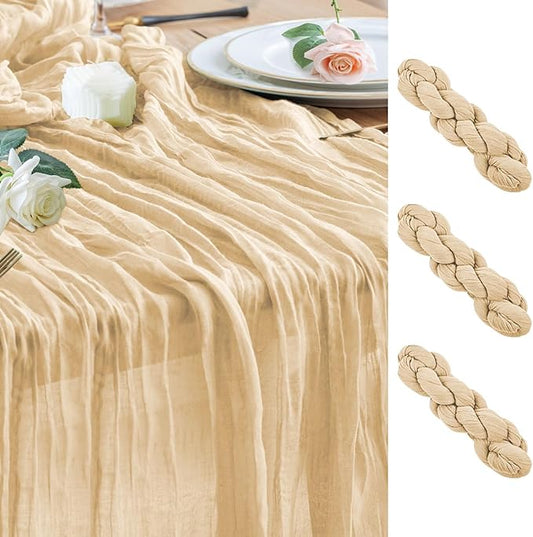 Wokceer Cheesecloth Table Runner 3Pack 10FT Sand Christmas Boho Gauze Cheese Cloth Table Runner for Party Easter Rustic Sheer Table Runners for Baby Bridal Shower Wedding Table Decor
