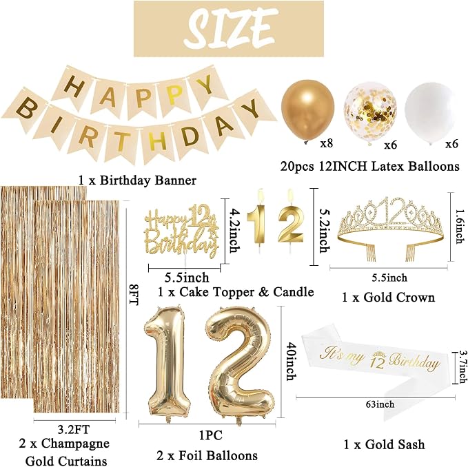 Trgowaul 12th Birthday Decorations for Girls, Banner, Sash and Crown, Cake Topper, 12 Number Balloon, Fringe Curtains, Champagne Gold 12th Birthday Party Supplies