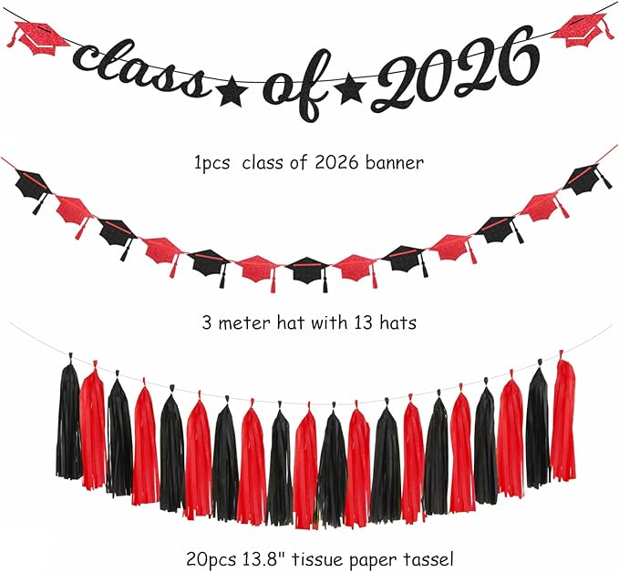 Black Red Graduation Party-Decorations Garland - 36pcs Congrats Grad Class 2026 Banner,Hat Hanging Streamer,College High School Congratulations Master Celebration Classroom Backdrop Decor Burgleda