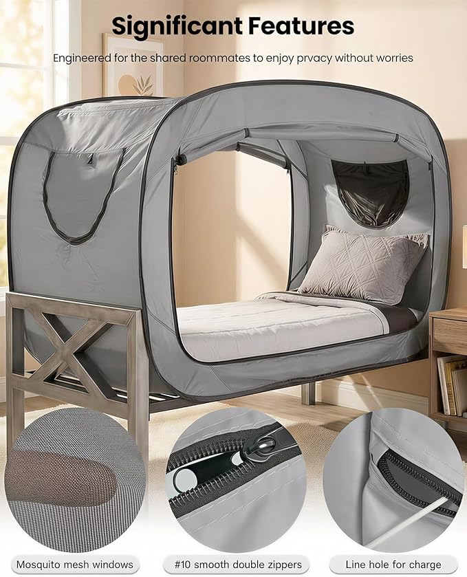 ANC POP Bed Tent Twin Bed Canopy Portable Dream Tent for Adult Indoor Sleeping Tents with 2 Doors Breathable Private Space Tents, Grey