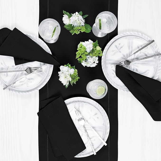 Solino Home Linen Black Table Runner 72 Inches Long - 100% Pure Linen Hemstitch Table Runner 14 x 72 Inch for Dresser, Dining, Spring, Summer, Mothers Day - Classic Hemstitch