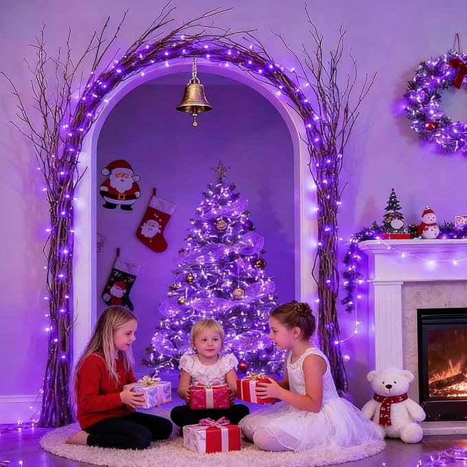 LAMPHOME 33ft 100LED Purple String Lights, Waterproof Plug in 16 Modes Twinkle Christmas Lights, Indoor Outdoor Halloween Decor for Bedroom Yard Garden, Purple Christmas Tree Carnival Party Supplies