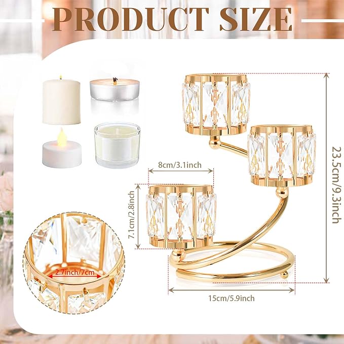Metal 3 Arm Crystal Candle Holder - Tea Light Centerpiece Candle Holder, Votive Holder with Sparkling Crystal Bowl, Suitable for Wedding, Table Centerpiece, Home Decor (2, 3 arm-Gold)