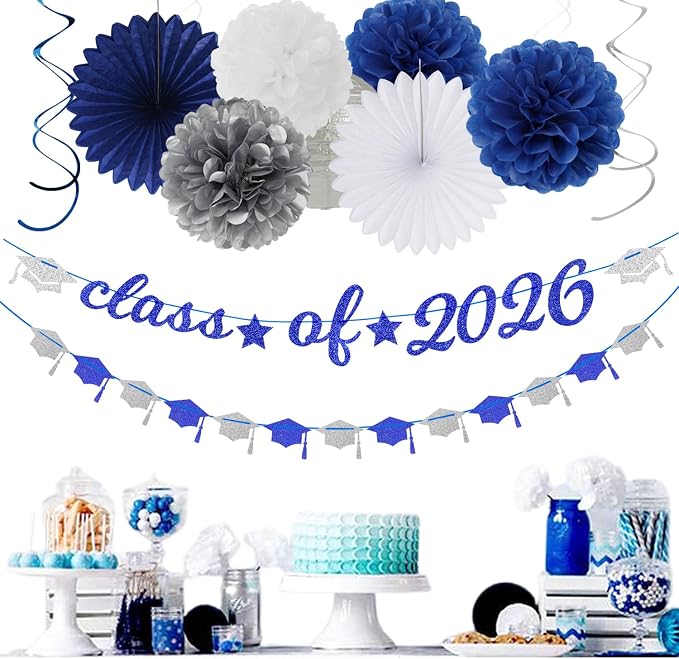 2026 Blue Class-Congratulations Prom Graduation Party-Decorations - 22pcs High School College Grad Supplies Decor,Royal Navy White Silver Tissue Pom Poms Streamers, Paper Flowers Lanterns Hugmoon