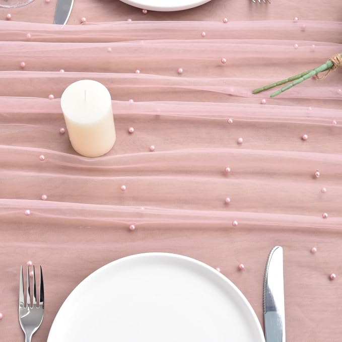 Dusty Rose Pearl Table Runner Boho Rustic Tulle Lace Dining Baby Shower Wedding Arch Decor Veil Dessert Holiday Centerpiece Table Decor 3pcs