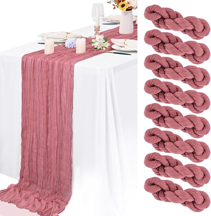 8 Pack Dusty Rose Cheesecloth Table Runner 10FT Long Boho Gauze Fabric Table Runner Vintage Rustic Sheer Runners for Wedding Party Bridal Baby Shower Table Decorations