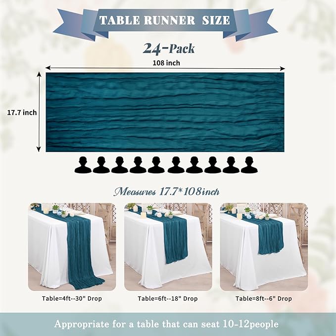 Pesonlook 24 Pack Cheesecloth Table Runner,Teal Table Runner Long Romantic Semi Sheer Rustic Boho Gauze Table Runners for Wedding Bridal Shower Birthday Party Decorations(17.7×108 Inch)