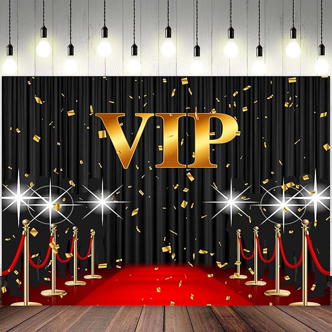 10x8ft VIP Backdrop Red Carpet Event Photography Background Black Curtain Star Catwalks Stage Film Movie Music Night Gold Banner Decorations Celebrity Activity Portrait Photo Booth Prop