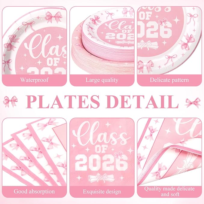 LemonRoad 452 Pcs 2026 Pink Bow Graduation Decoration for 50, Pink and White Grad Paper Plates Napkins Cups Tablecloth Cutlery Straw Coquette Disposable Tableware for Freshly Graduated Party Supplies