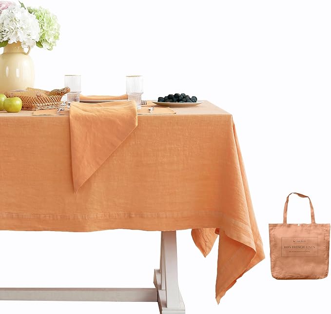 Linen World Vintage Tablecloths 60x108 Inch,100% French Linen Tablecloth,Classic Vintage Washed Table Cloths for Kitchen,Outdoor,Weddings,Decorative Thanksgiving Christmas,Pale Peach