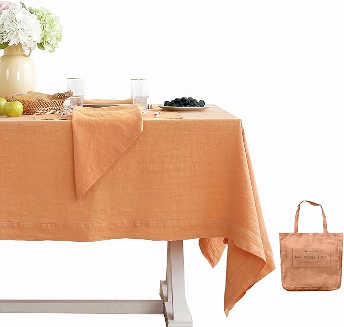Linen World Vintage Tablecloths 60x120 Inch,100% French Linen Tablecloth,Classic Vintage Washed Table Cloths for Kitchen,Outdoor,Weddings,Decorative Thanksgiving Christmas,Pale Peach