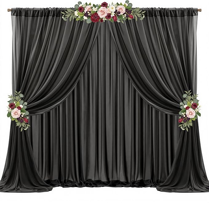 20ft x 10ft Black Backdrop Curtains, Wrinkle-Free Sheer Chiffon Fabric Photo Background Drapes for Wedding Arch Party Ceremony Stage Photography Decorations