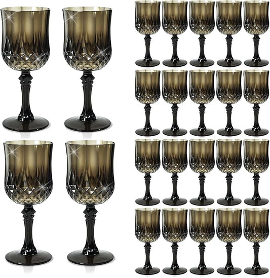 CHLJAR 7oz Plastic Vintage Drinking Glasses Wine Glasses Vintage Champagne Flutes Unbreakable Wedding Glassware Crystal Water Goblets Reusable Drinkware (Black, 24 PCS)