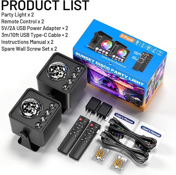 2-Pack Sunset Lamp Disco Ball Party Lights - Sound Activated LED Strobe & Stage Lights for Home Parties, Weddings, Bars, Clubs, Karaoke, Halloween, Christmas & Wall Décor (Enhanced Dual Lighting Set)