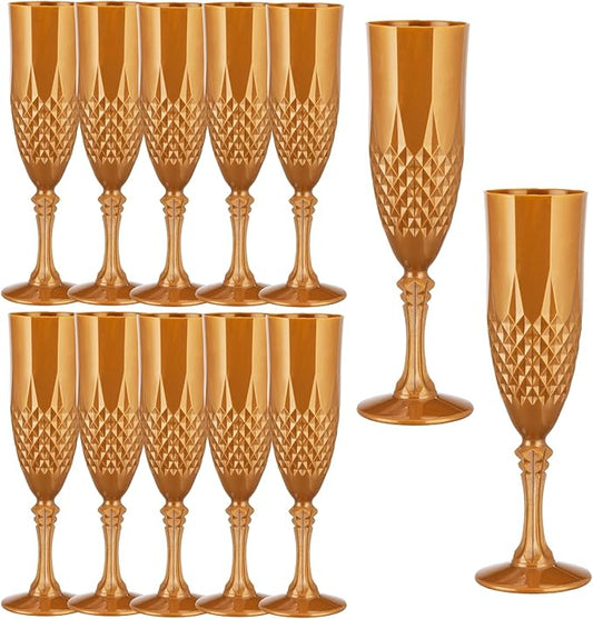 Plastic Champagne Flutes,Acrylic Wine Glasses Goblets Mimosa Bar Shatterproof Reusable Vintage Champagne Flutes Stemmed Drinking Cups for Weddings,Parties, Toasting,Cava, Prosecco(12,Gold)